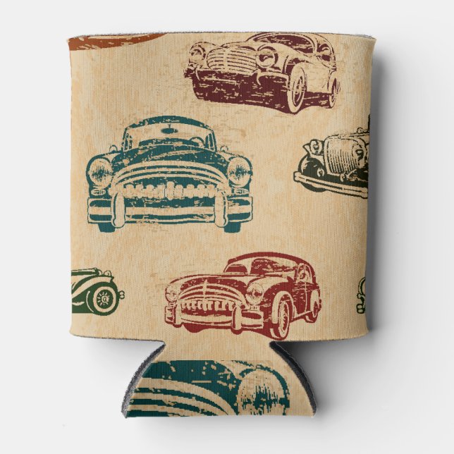 Vintage Car Illustration Background Pattern Can Cooler (Front)