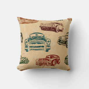 Vintage Car Illustration Background Pattern Throw Pillow