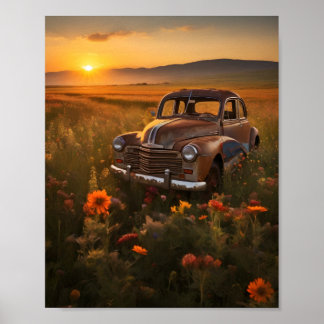 Vintage Car in a Field at Sunset Poster