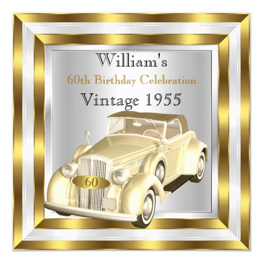 Vintage Car Men's 60th Birthday Party Gold White Card