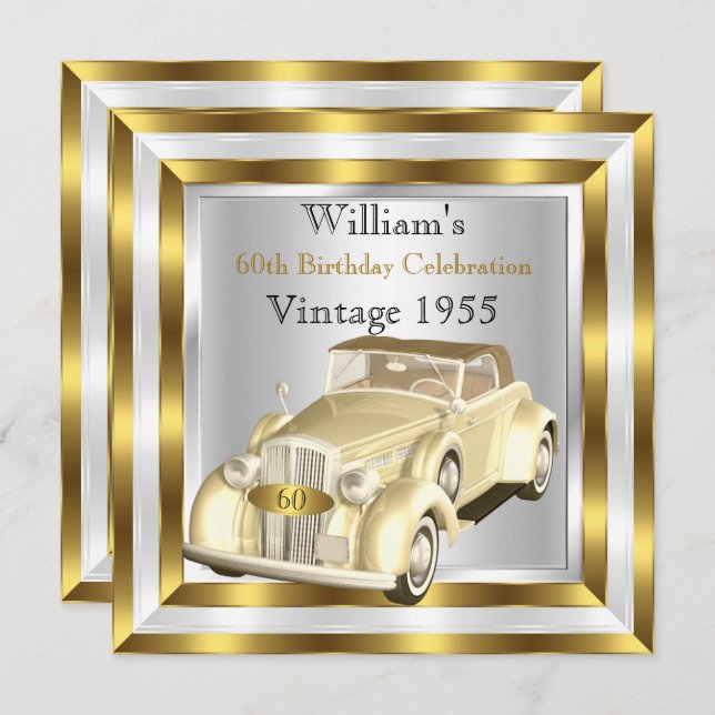 Vintage Car Men's 60th Birthday Party Gold White Invitation (Front/Back)