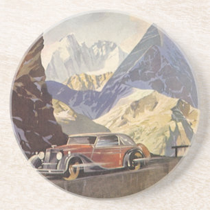 Vintage Car on Mountain Road in Winter with Snow Coaster