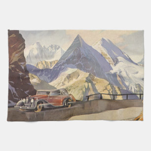 Vintage Car on Mountain Road in Winter with Snow Kitchen Towel