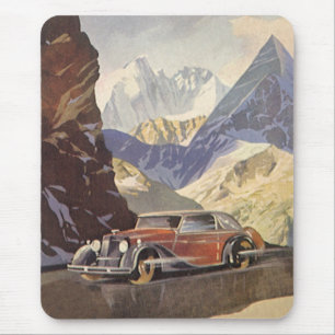 Vintage Car on Mountain Road in Winter with Snow Mouse Pad
