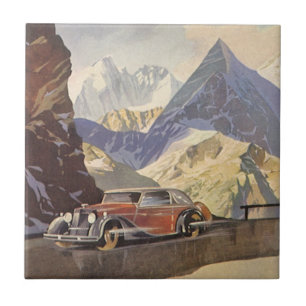 Vintage Car on Mountain Road in Winter with Snow Tile