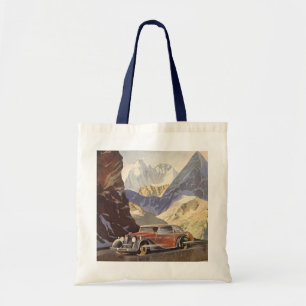 Vintage Car on Mountain Road in Winter with Snow Tote Bag