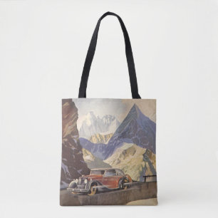 Vintage Car on Mountain Road in Winter with Snow Tote Bag