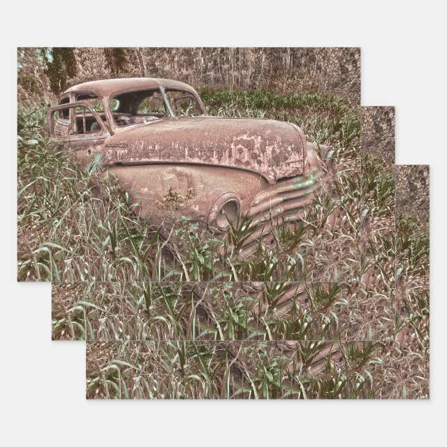 Vintage Car Retro Rustic Old Wrapping Paper Sheet (Set)