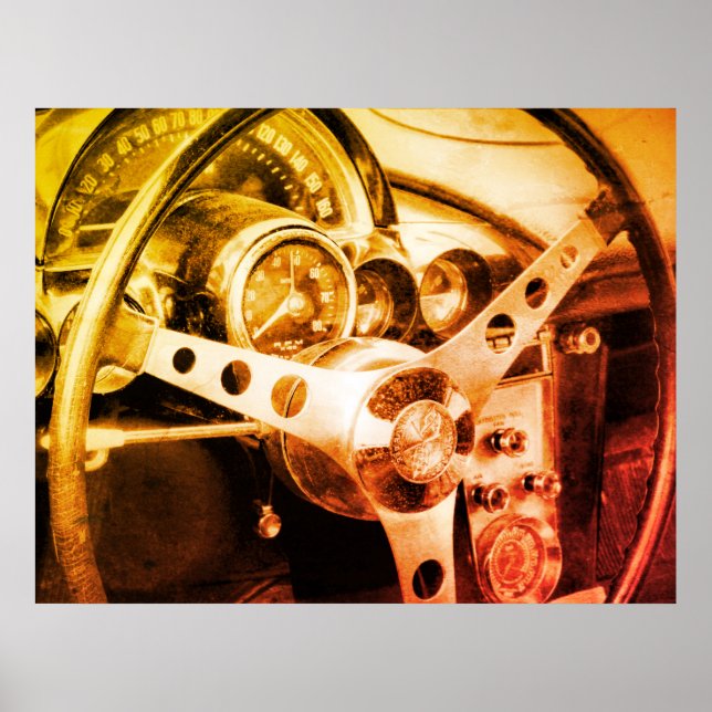 Vintage Car Steering Dashboard Old Gauges Dials Poster (Front)
