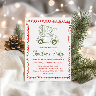 Vintage Car with Christmas Tree Red Border Holiday Invitation