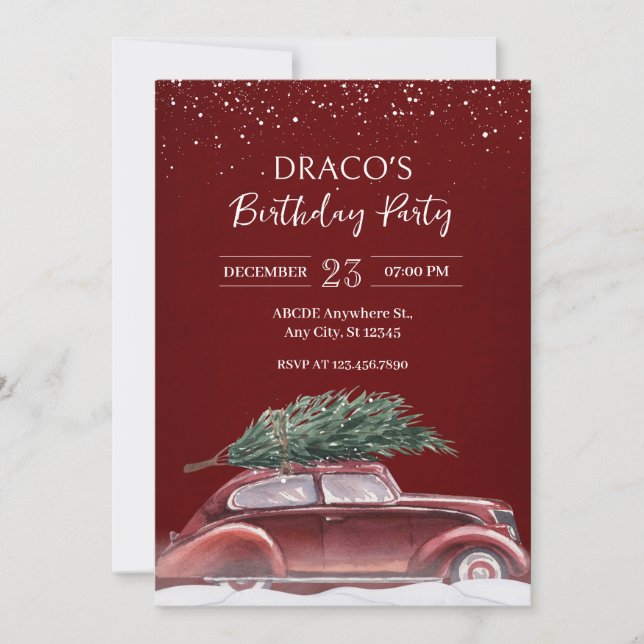 Vintage car with christmas tree snows birthday  invitation (Front)