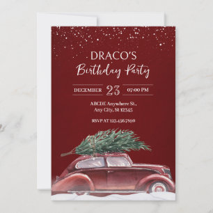 Vintage car with christmas tree snows birthday invitation