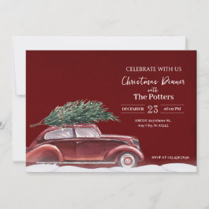 Vintage car with christmas tree snows  invitation