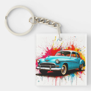 Vintage Car with Colourful Paint Splashes Keychain