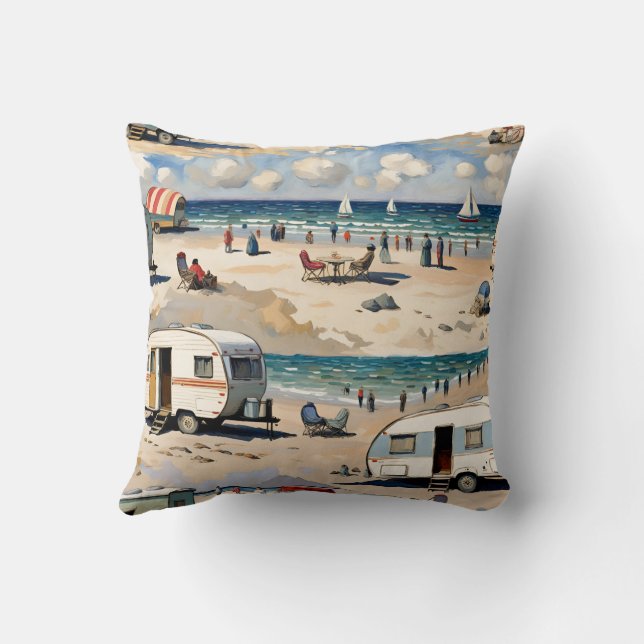 Vintage Caravan on the Beach  Throw Pillow (Back)
