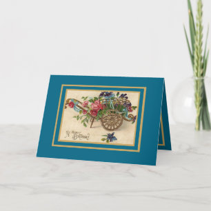 Vintage Card Floral Cart Flowers Happy Birthday