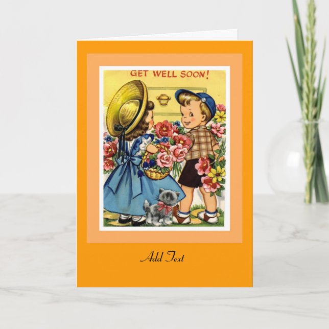 Vintage Card Get Well Soon Flowers Children (Front)