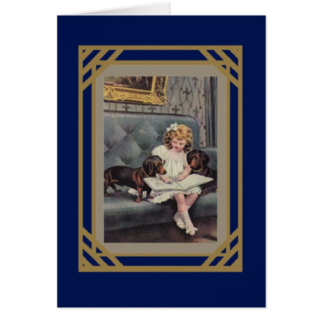 Vintage Card Little Girl Reading To Dogs (Front)