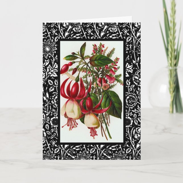 Vintage card Red Floral Black White Frame (Front)
