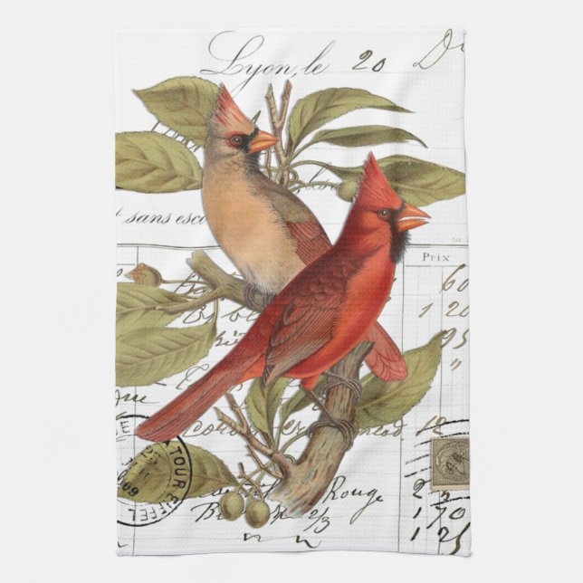 Vintage Cardinal French Script Kitchen Hand Towel (Vertical)