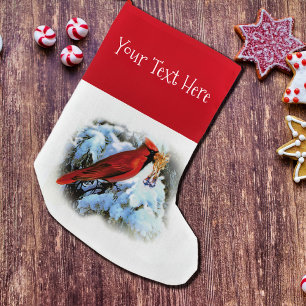 Vintage cardinal in winter - add text small christmas stocking