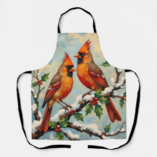 Vintage Cardinal Pair on Snowy Holly Branch Apron