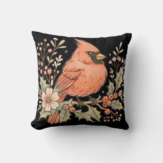 Vintage Cardinal with Winter Florals  Throw Pillow (Front)