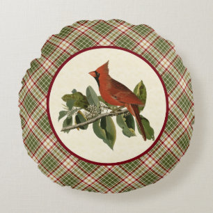 Vintage Cardinal with Woodland Christmas Plaid Round Pillow