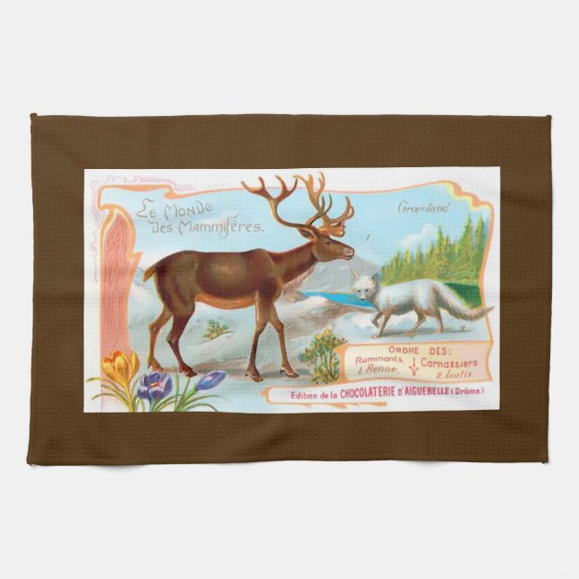 Vintage Caribou (Reindeer) and Arctic Fox Kitchen Towel (Horizontal)