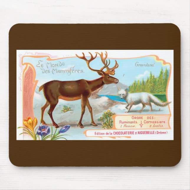 Vintage Caribou (Reindeer) and Arctic Fox Mouse Pad (Front)