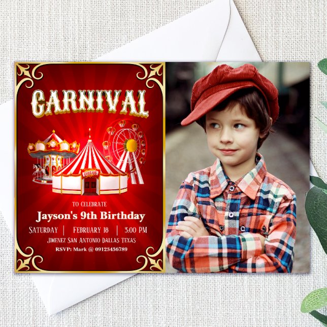 Vintage Carnival Birthday with Photo Landscape Invitation (Vintage Carnival Birthday with Photo Landscape Invitation)