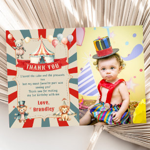 Vintage Carnival Circus & Animals Birthday Photo Thank You Card