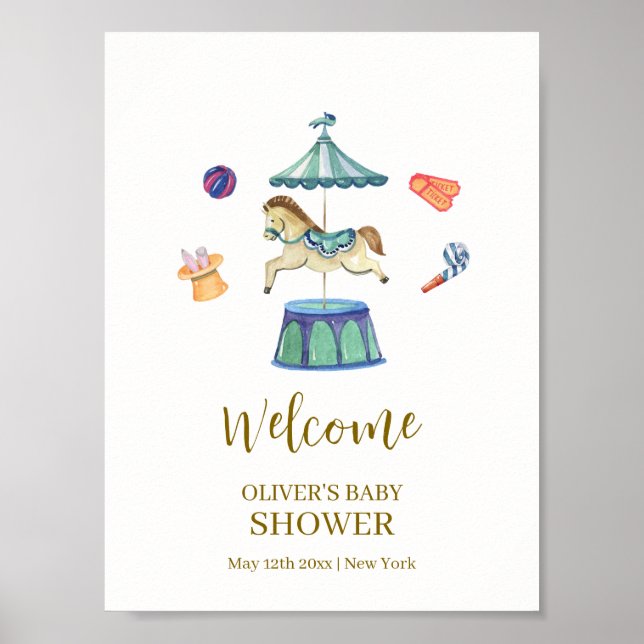Vintage Carousel Carnival Baby Shower Welcome Poster (Front)