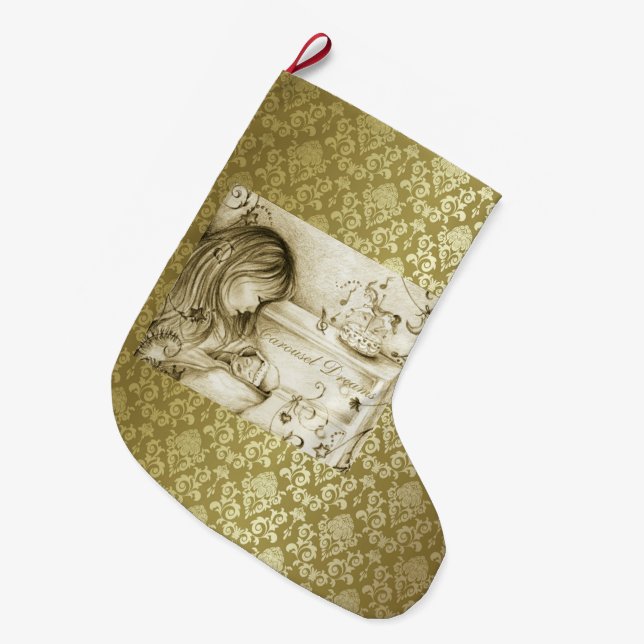 Vintage Carousel Dreams Gold Damask Large Christmas Stocking (Front (Hanging))