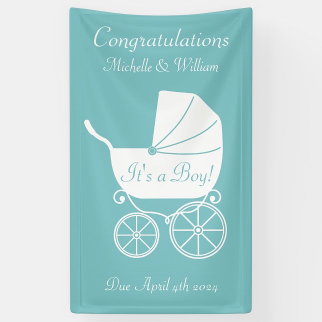 Vintage Carriage Baby Shower Cute Blue Boy Banner (Vertical)