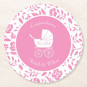 Vintage Carriage Baby Shower Cute Pink Girl Round Paper Coaster