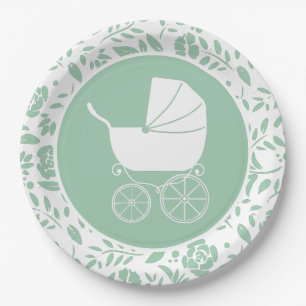 Vintage Carriage Baby Shower Green Gender Neutral Paper Plate