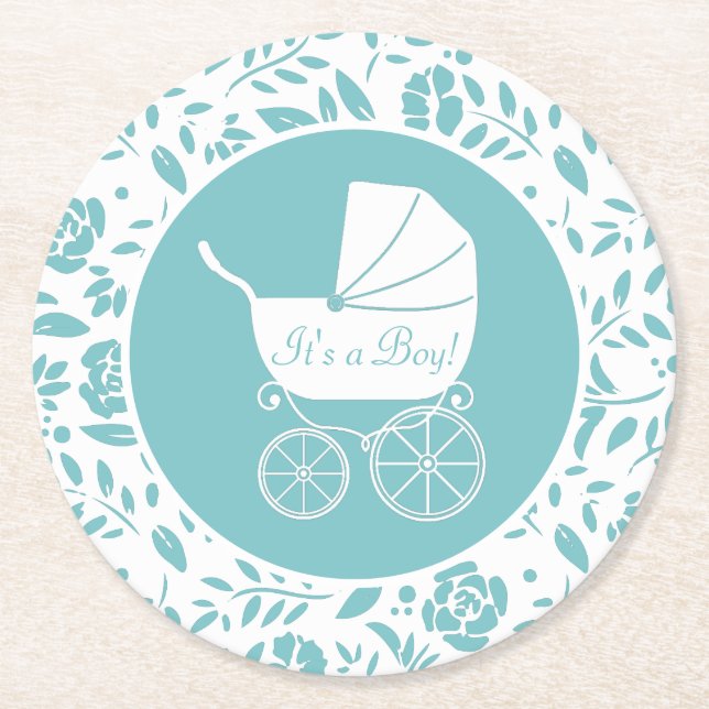 Vintage Carriage Baby Shower Round Paper Coaster (Front)