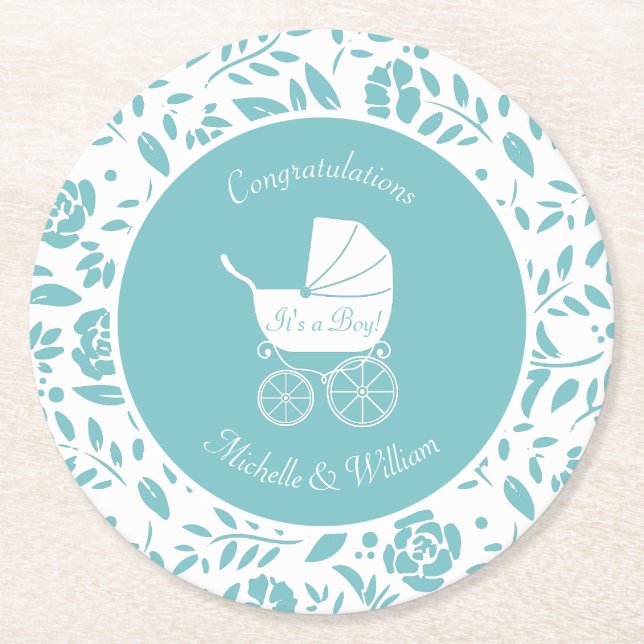 Vintage Carriage Baby Shower Round Paper Coaster (Front)