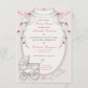 Vintage Carriage Ivory Pink Gingham Birds Invitation