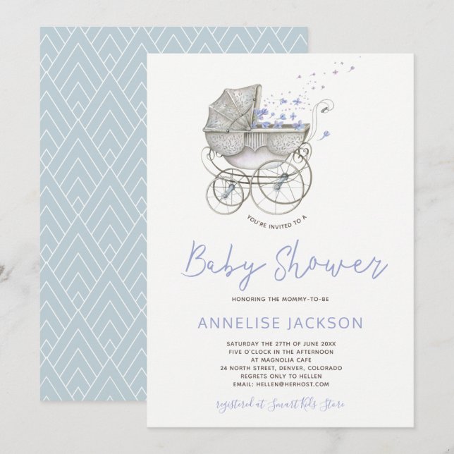 Vintage carriage pastel blue baby boy shower invitation (Front/Back)