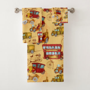 Vintage Cars, Buses & Bikes Bath Towel Set
