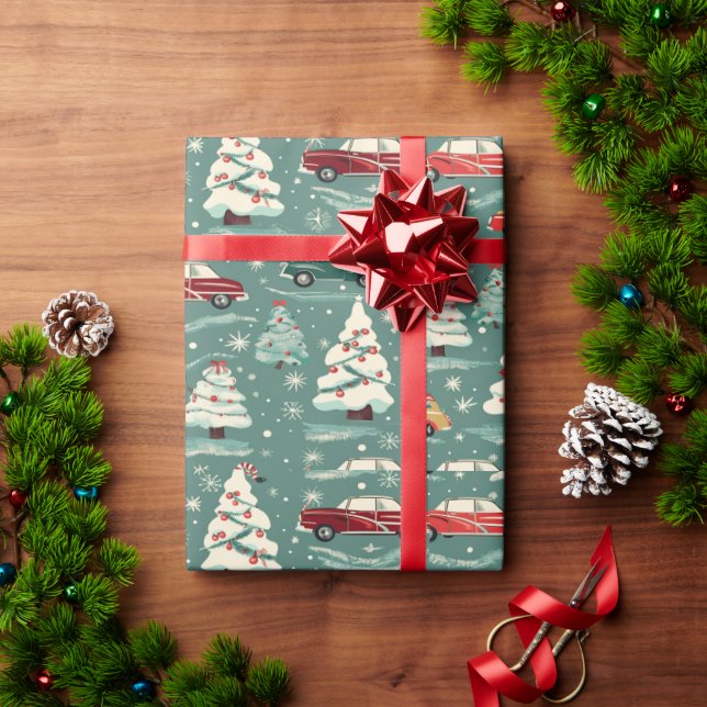 Vintage cars by Christmas trees Wrapping Paper (Holiday Gift)