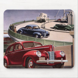Vintage Cars, Classic Sedans Road Trip on Freeway Mouse Pad