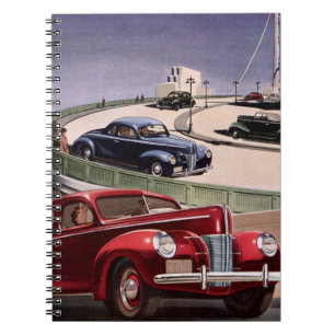 Vintage Cars, Classic Sedans Road Trip on Freeway Notebook