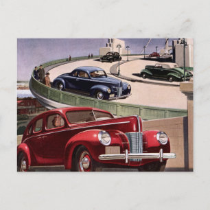 Vintage Cars, Classic Sedans Road Trip on Freeway Postcard