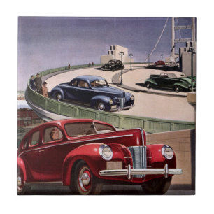 Vintage Cars, Classic Sedans Road Trip on Freeway Tile