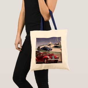 Vintage Cars, Classic Sedans Road Trip on Freeway Tote Bag