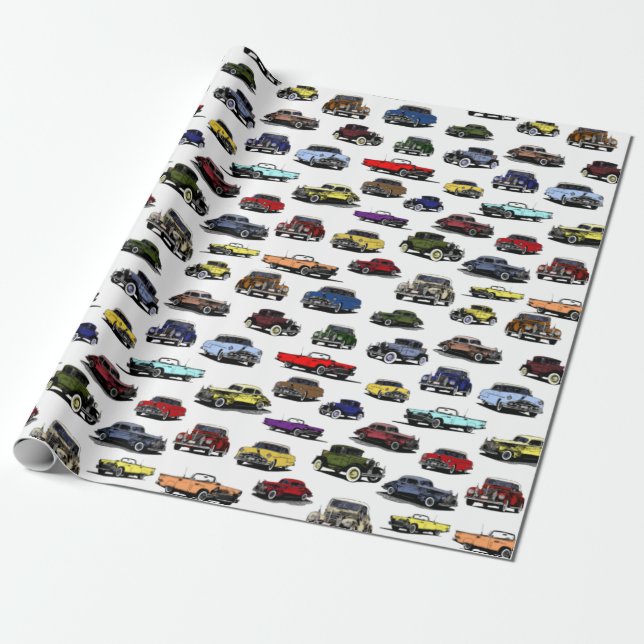 Vintage Cars Illustrations Random Pattern Wrapping Paper (Unrolled)