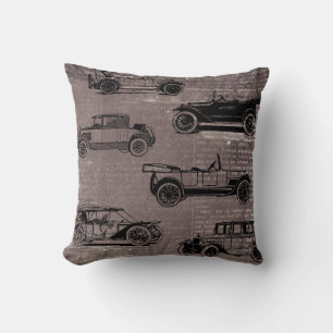 Vintage cars on taupe brick and newspaper print throw pillow